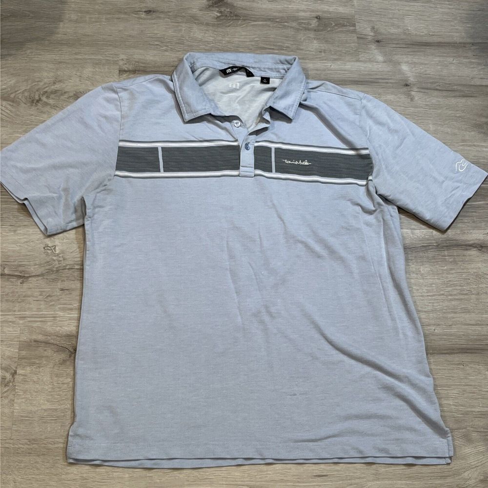 Travis Mathew Polo Shirt Mens XL Heather Placid Blue Chest Striped